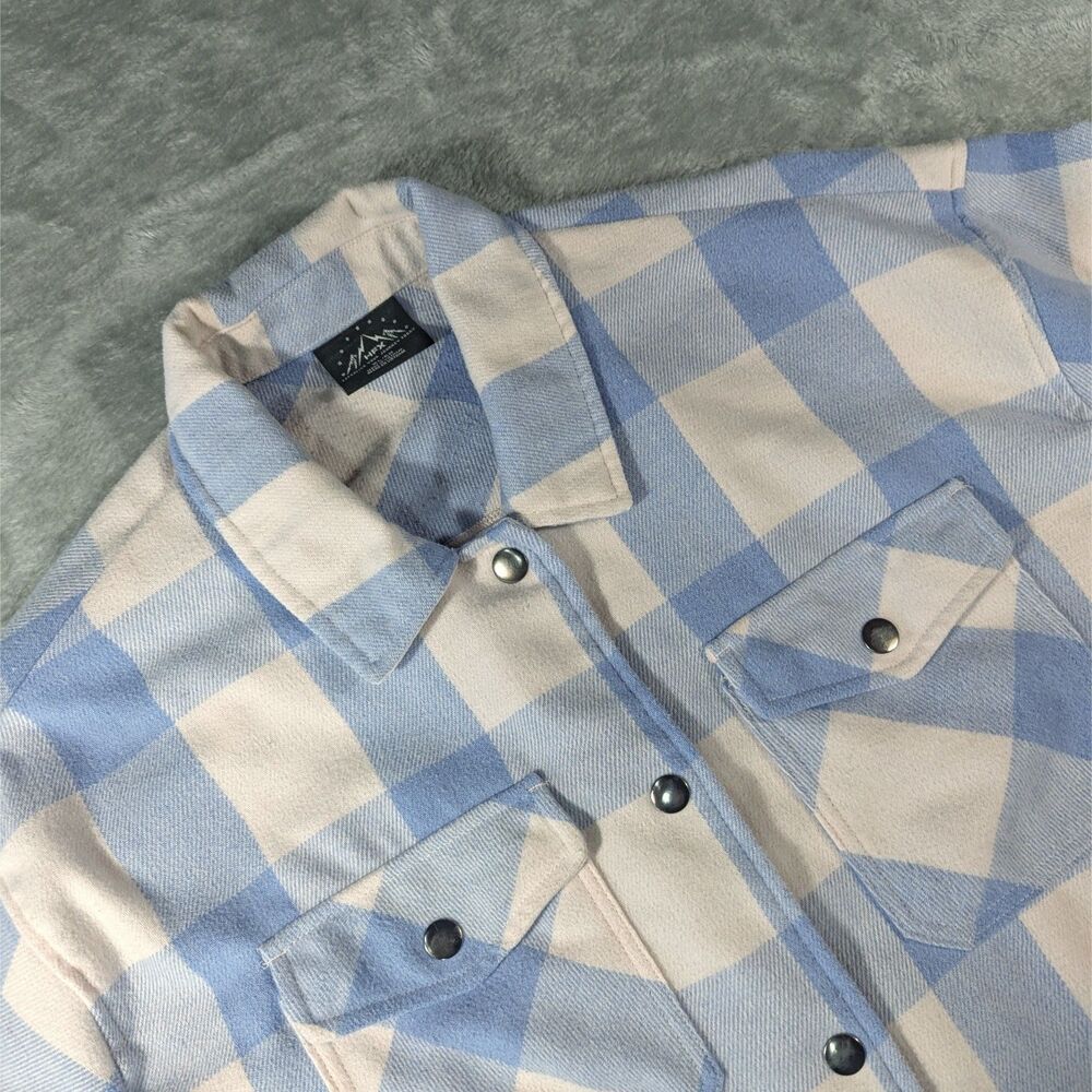 HFX Fleece Shacket Womens XL Light Blue Cream Buffalo Check Plaid Shirt Jacket